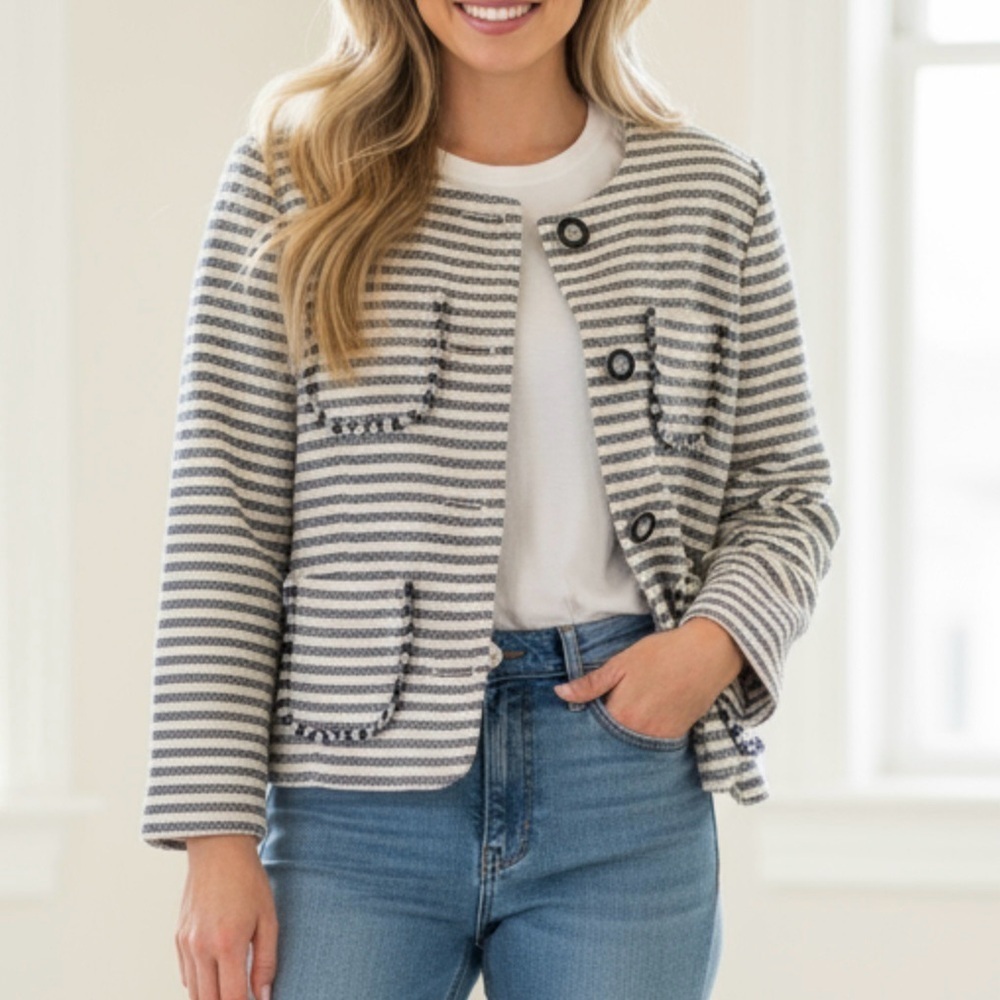 Tommy Hilfiger Striped Tweed Cropped Jacket | Size 4 | Nautical Preppy Chic